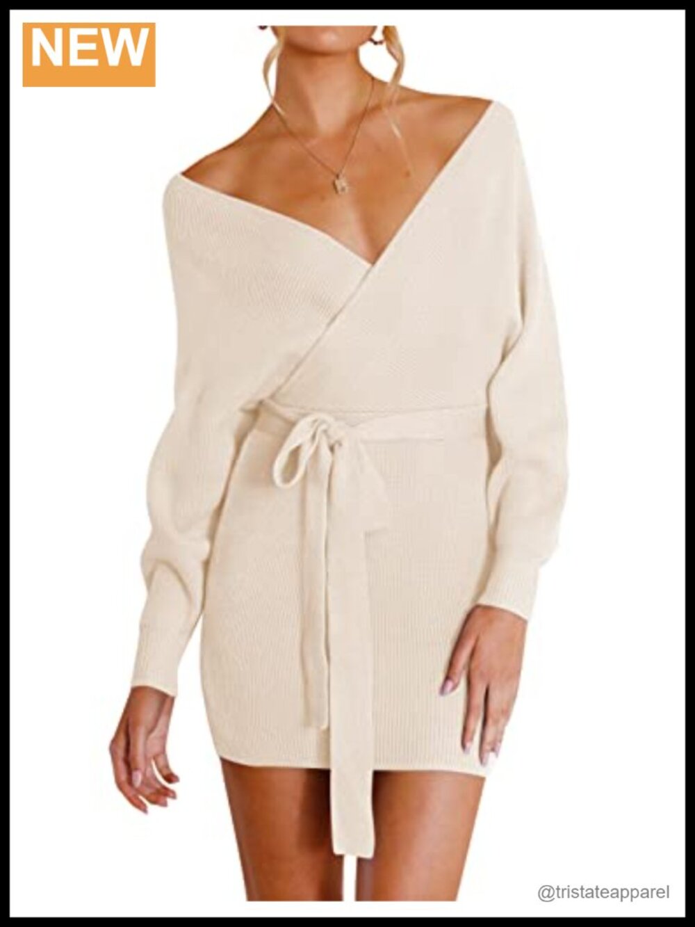 Wrap V Neck Sweater Dress Batwing Sleeve Mini Knit Belted